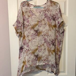 Bryn Walker brand v-neck tunic top featuring a watercolor tie-dye pattern